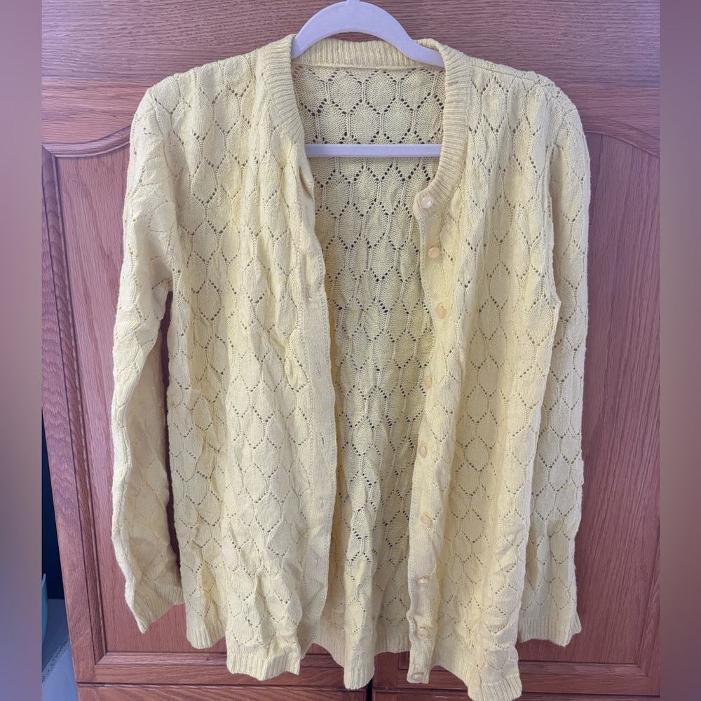 Light Yellow Openwork Knit Cardigan Sweater - Women